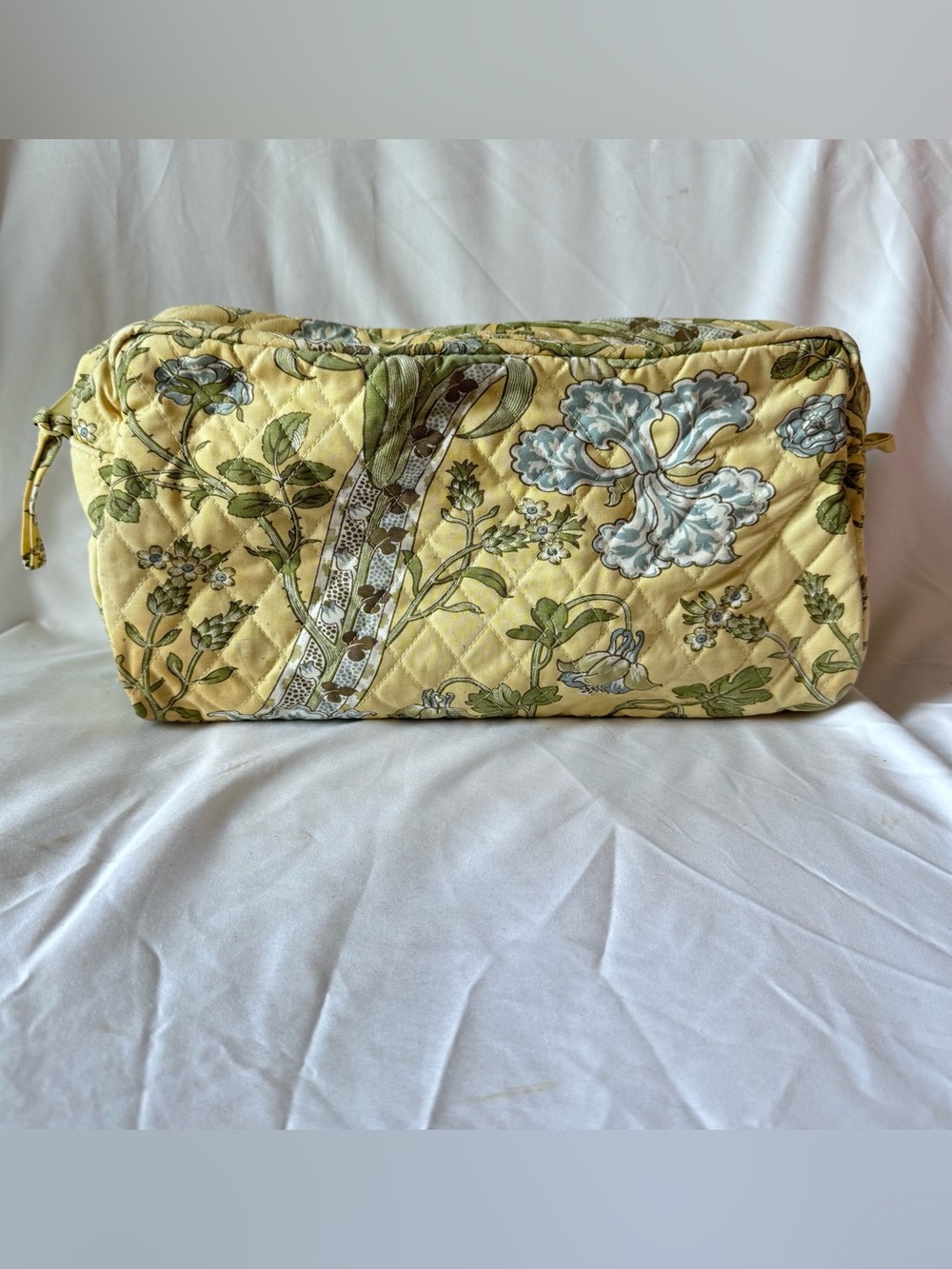 Vintage Pottery Barn Quilted Jacobean Floral Zip Makeup Bag Yellow Blue Cotton